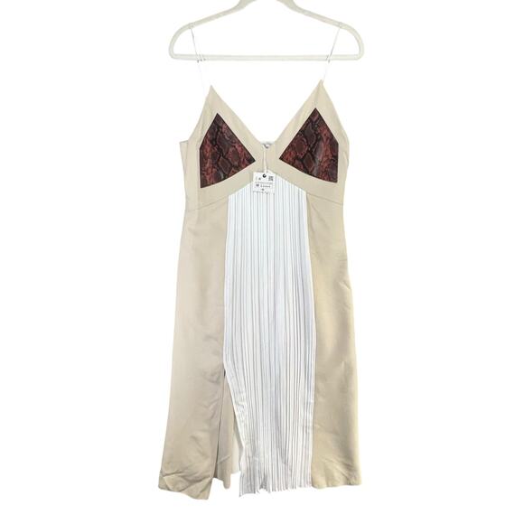Zara Midi Slip Dress Women M Beige Cream Pleated Snakeskin Slit Blogger Favorite - Picture 2 of 14